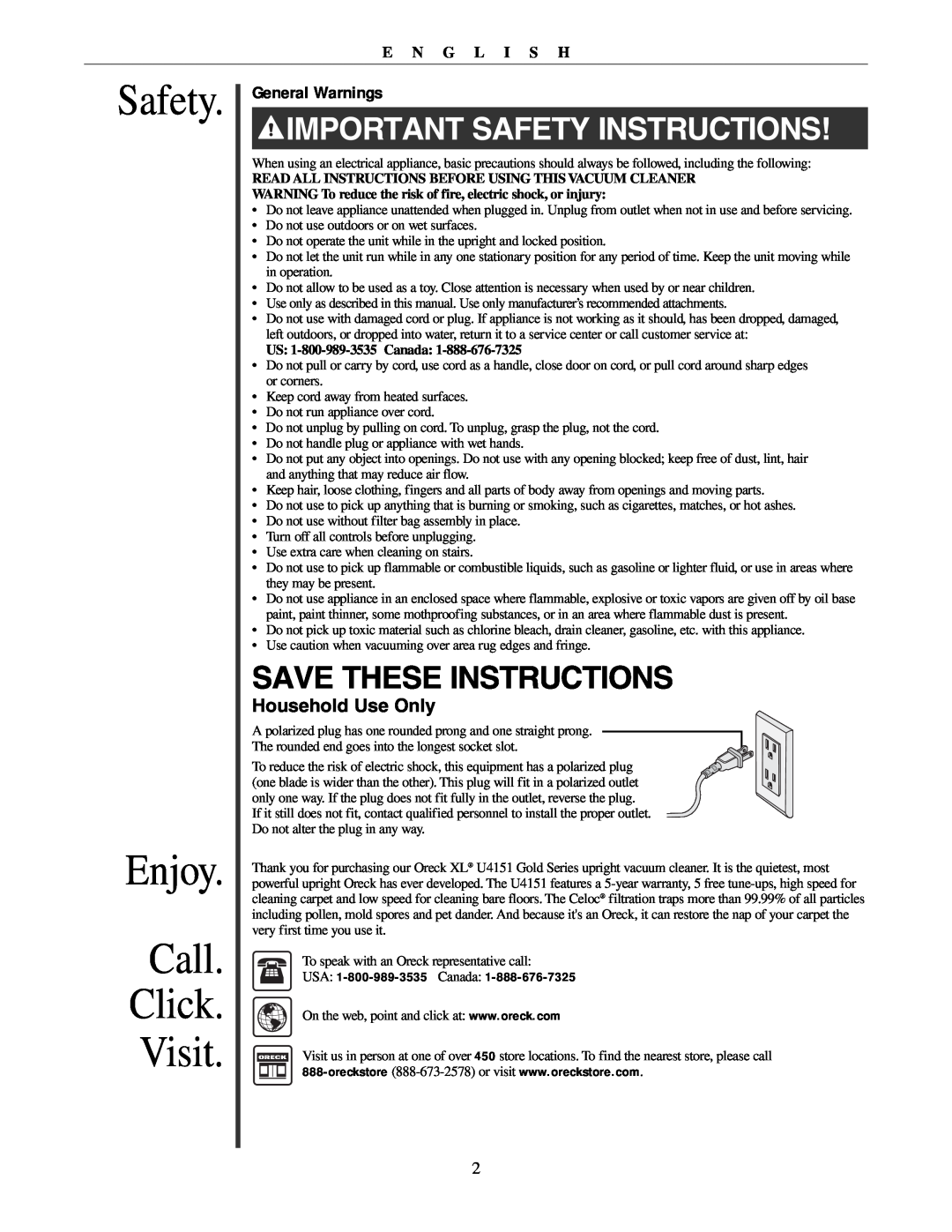 Oreck U4151 Safety Enjoy Call Click Visit, Save These Instructions, General Warnings, Household Use Only, E N G L I S H 
