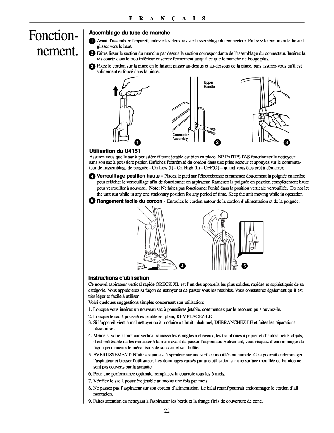 Oreck Assemblage du tube de manche, Utilisation du U4151, Instructions dutilisation, Fonction- nement, F R A N Ç A I S 