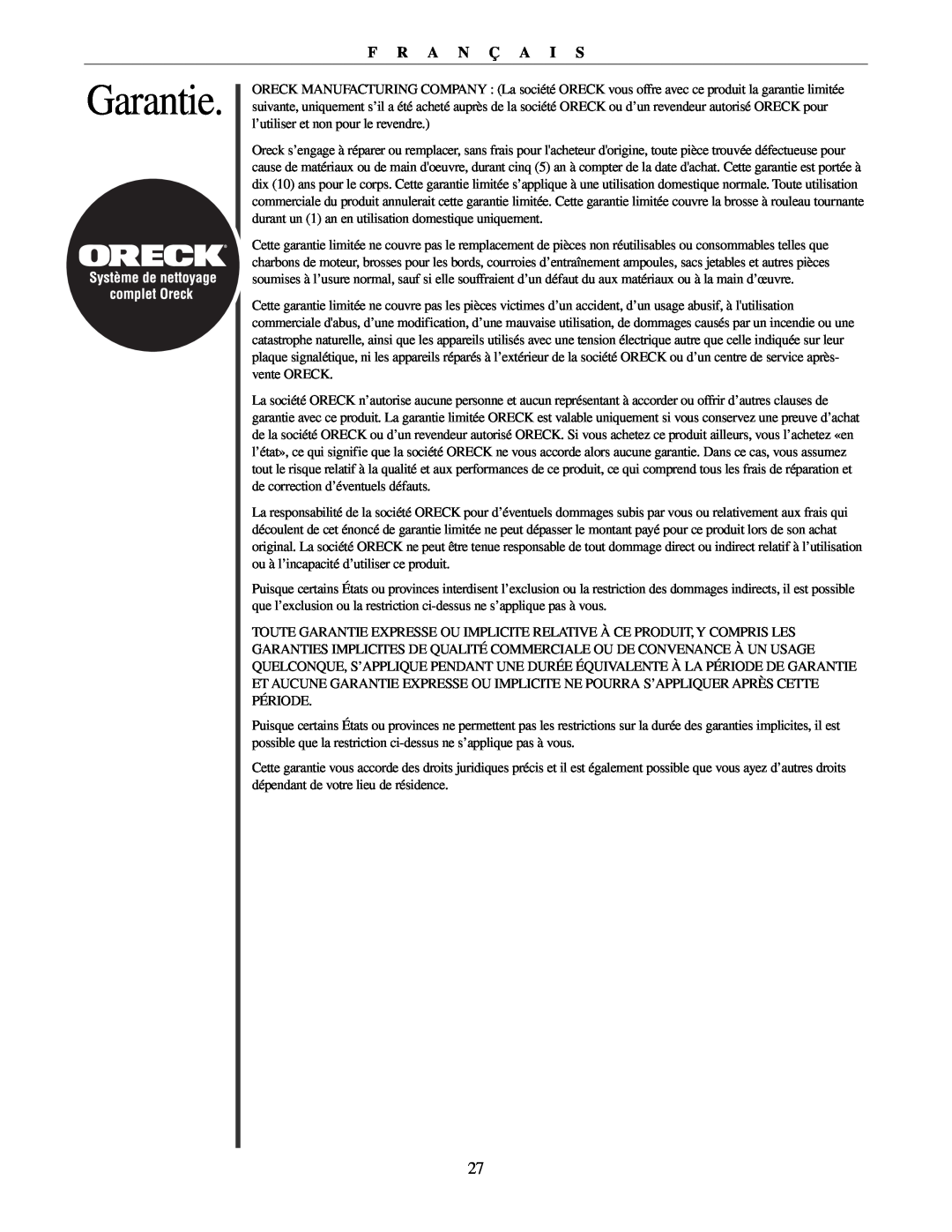 Oreck U4151 manual Garantie, F R A N Ç A I S 