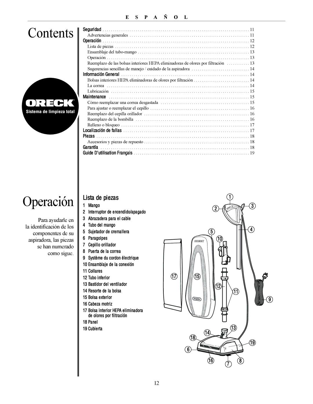 Oreck U4300 manual Contents Operación 