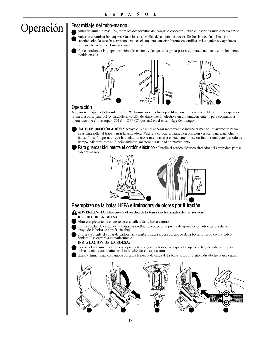 Oreck U4300 manual Ensamblaje del tubo-mango, Operación, Retiro DE LA Bolsa, Instalacion DE LA Bolsa 