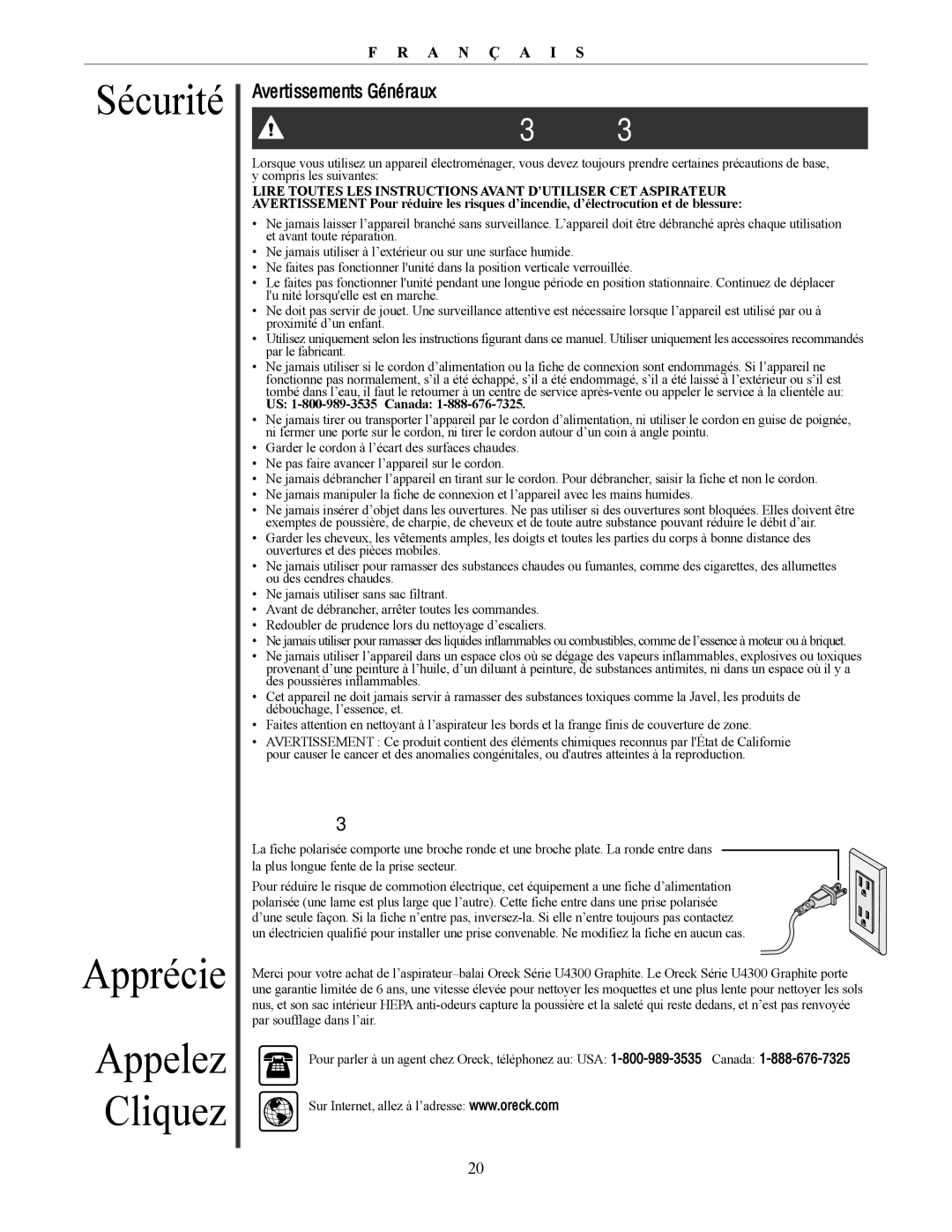 Oreck U4300 manual Sécurité Apprécie, Appelez Cliquez, Avertissements Généraux, Usage MéNAGER UNIqUEMENT 