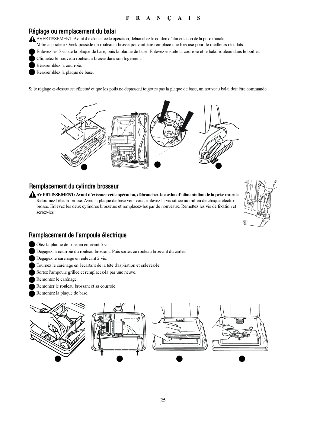 Oreck U4300 Réglage ou remplacement du balai, Remplacement du cylindre brosseur, Remplacement de l’ampoule électrique 