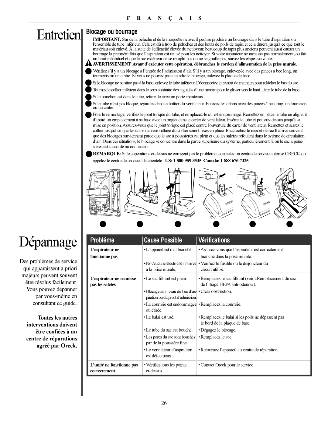 Oreck U4300 manual Dépannage, Entretien, Blocage ou bourrage, Probléme Cause Possible Vérifications 