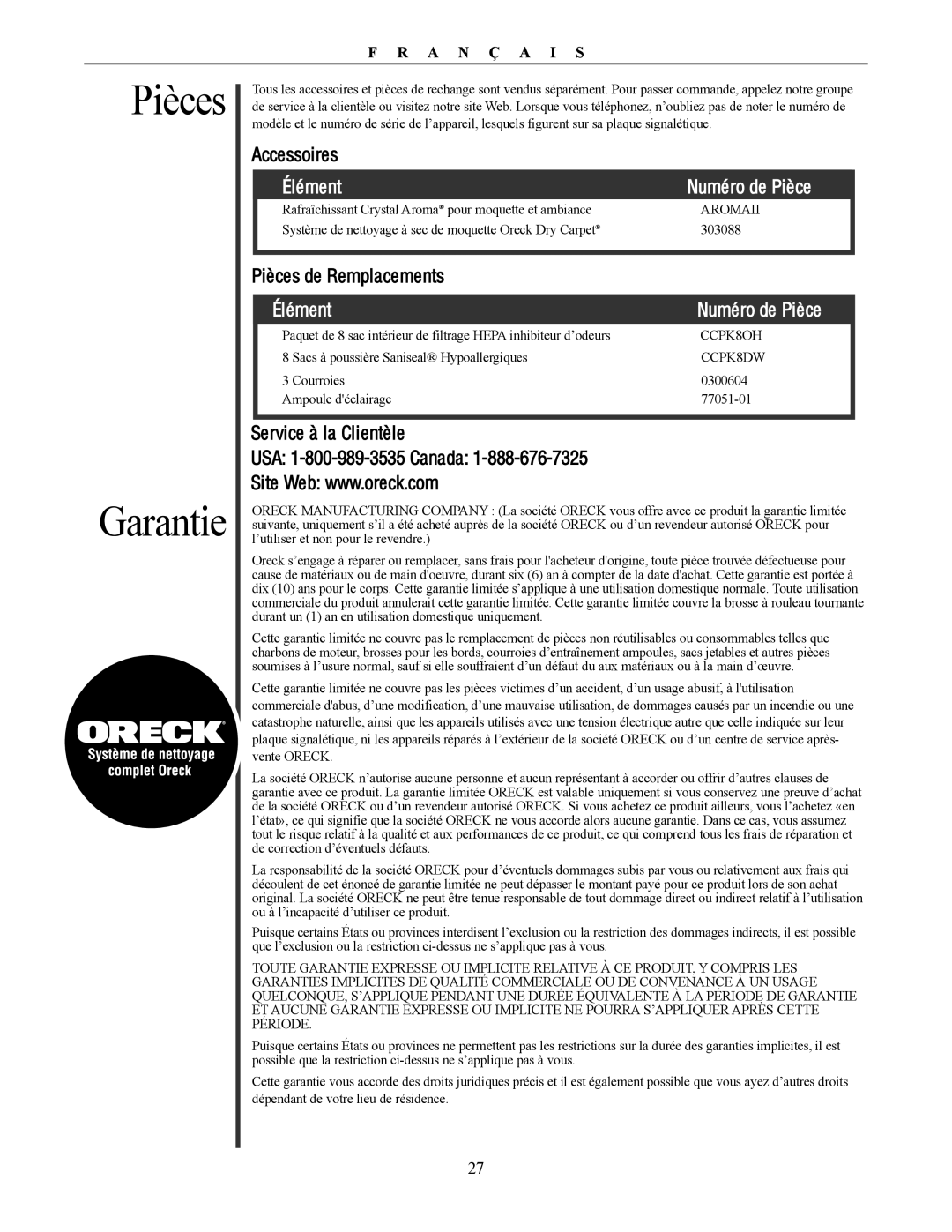 Oreck U4300 manual Pièces Garantie, Accessoires, Élément Numéro de Pièce, Pièces de Remplacements 