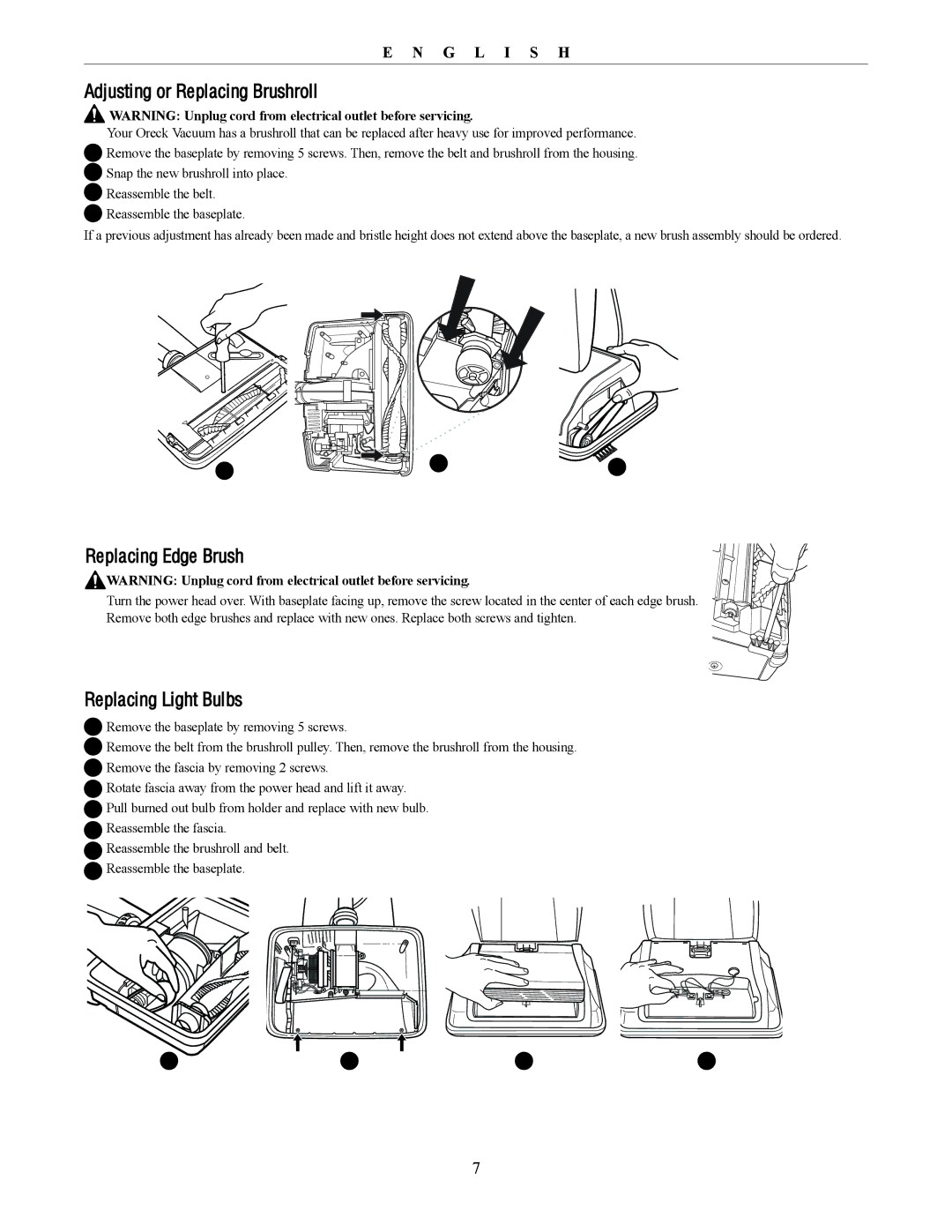 Oreck U4300 manual Adjusting or Replacing Brushroll, Replacing Edge Brush, Replacing Light Bulbs 