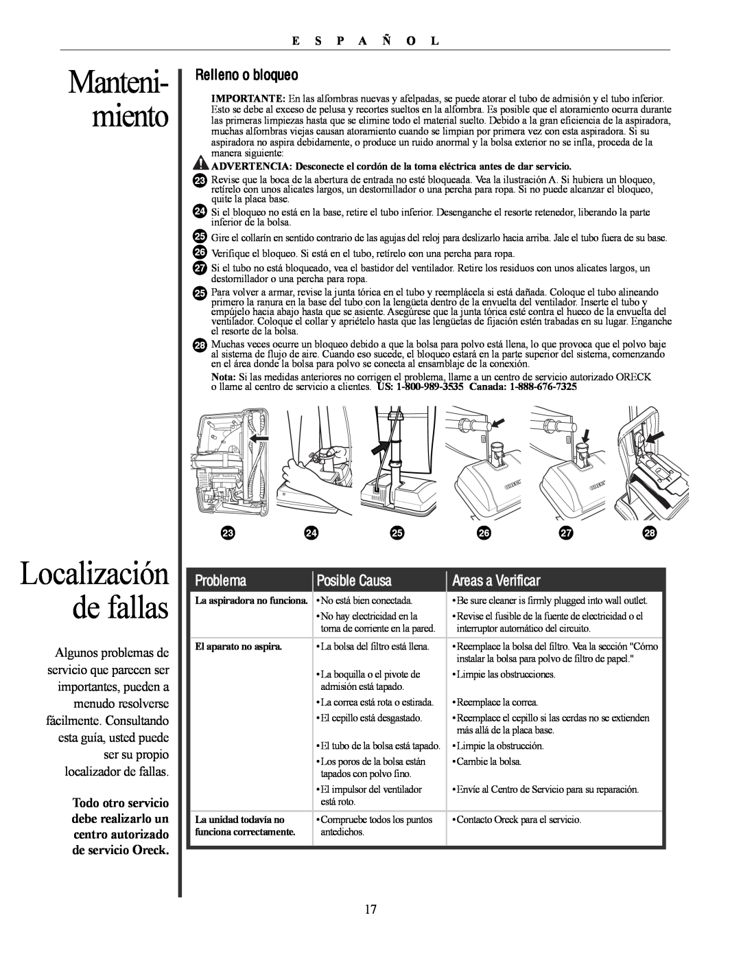 Oreck U4300 manual Localización de fallas, Problema, Posible Causa, Areas a Verificar, Manteni- miento, E S P A ñ O L 