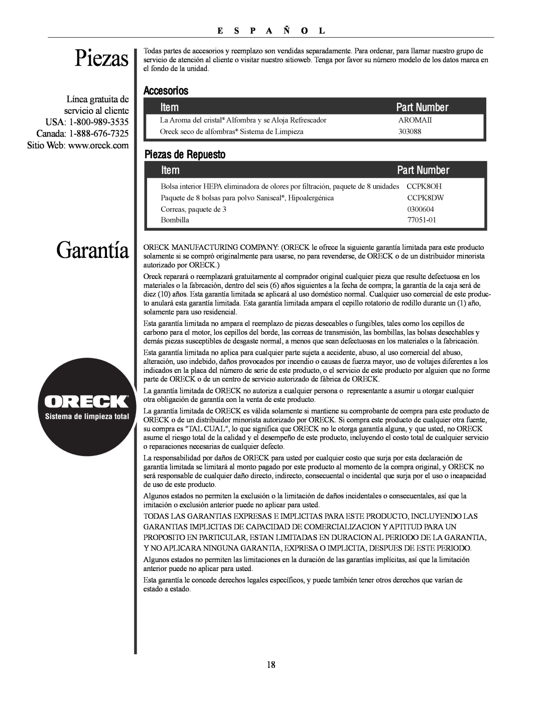 Oreck U4300 manual Piezas, Garantía, Part Number, Línea gratuita de servicio al cliente USA, E S P A ñ O L 