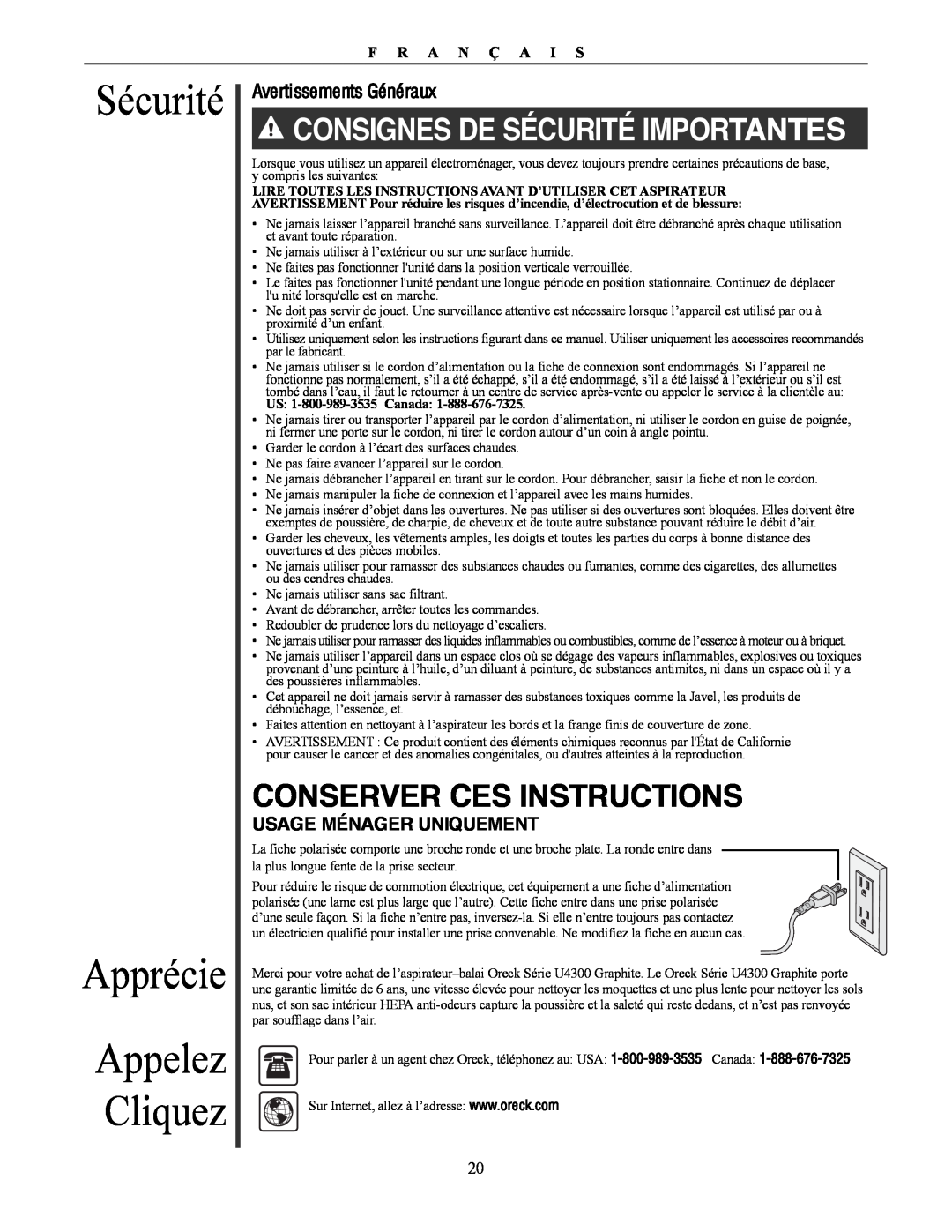 Oreck U4300 manual Sécurité Apprécie, Appelez Cliquez, CONSIGNES DE SéCURITé IMPORTANTES, Conserver Ces Instructions 