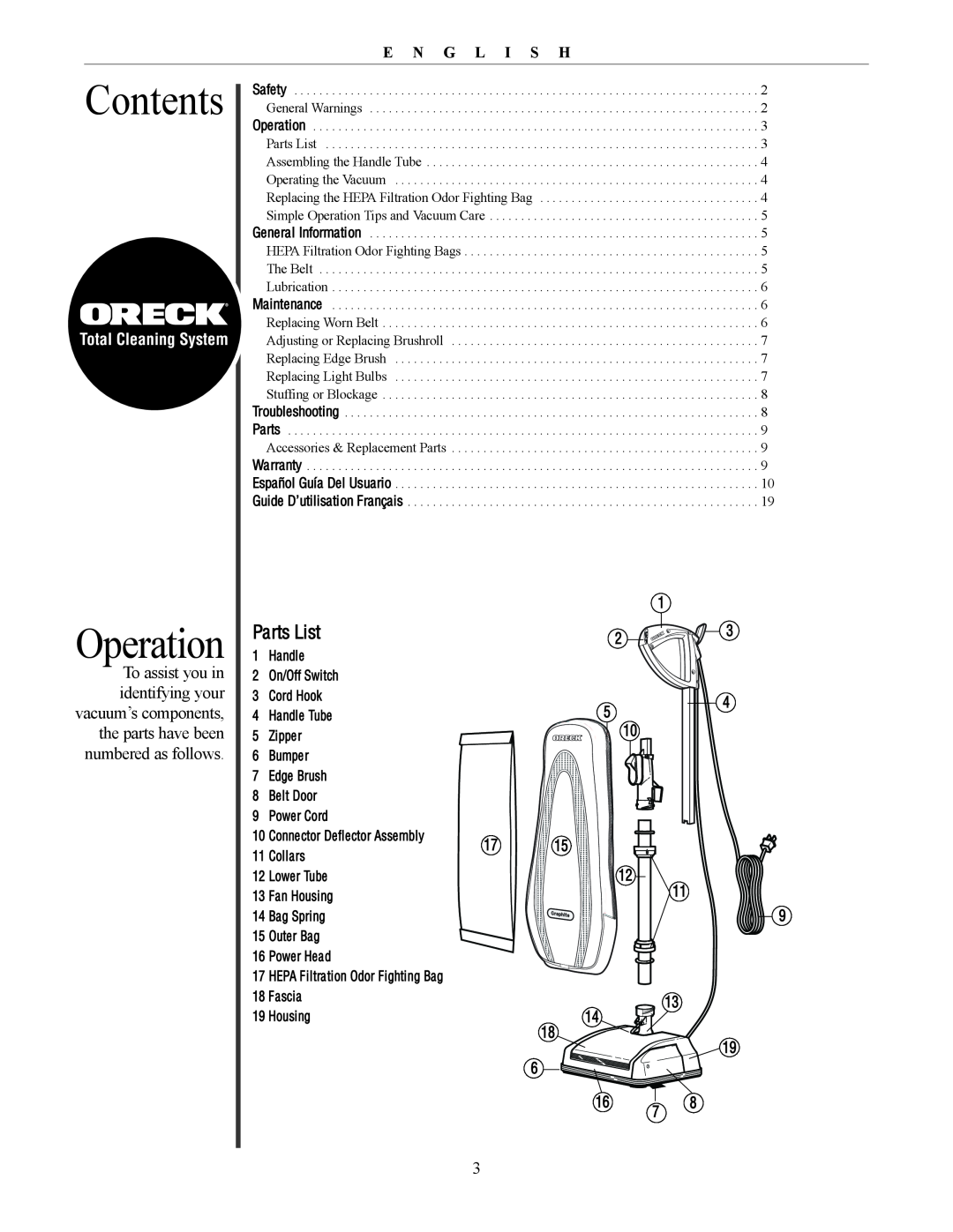 Oreck U4300 manual Contents, Operation, E N G L I S H, Total Cleaning System 