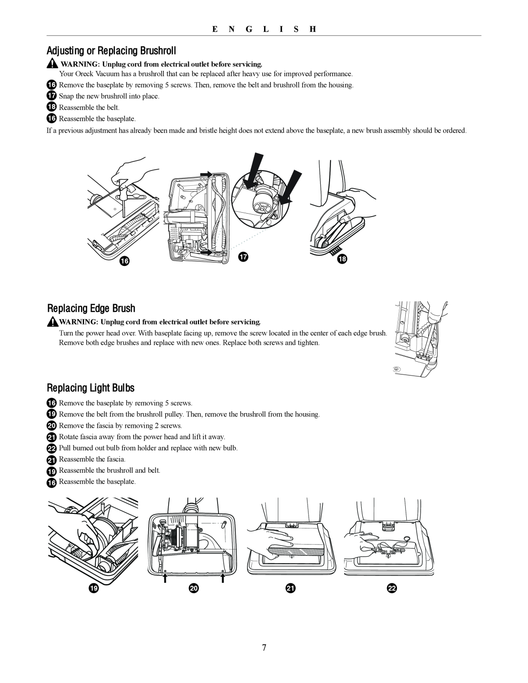 Oreck U4300 manual Adjusting or Replacing Brushroll, Replacing Edge Brush, Replacing Light Bulbs, E N G L I S H 