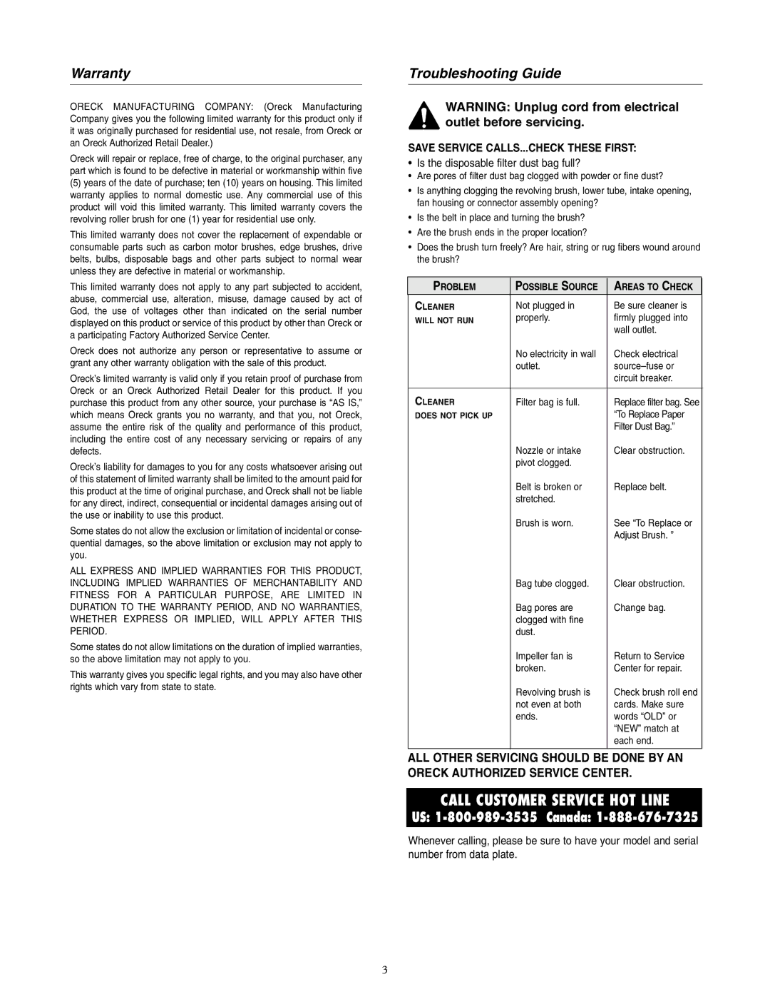 Oreck U4490HH warranty Warranty, Troubleshooting Guide 