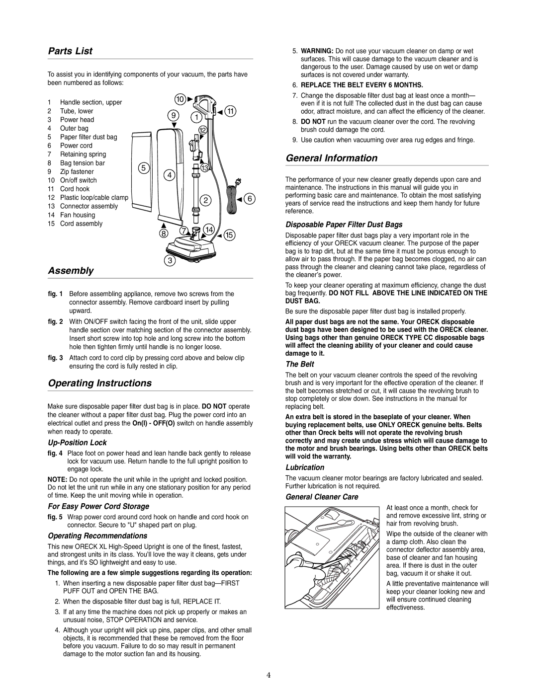 Oreck U4490HH warranty Parts List, Assembly, Operating Instructions, General Information 