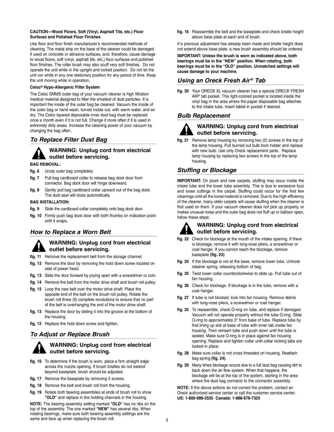 Oreck U4490HH warranty To Replace Filter Dust Bag, How to Replace a Worn Belt, To Adjust or Replace Brush, Bulb Replacement 