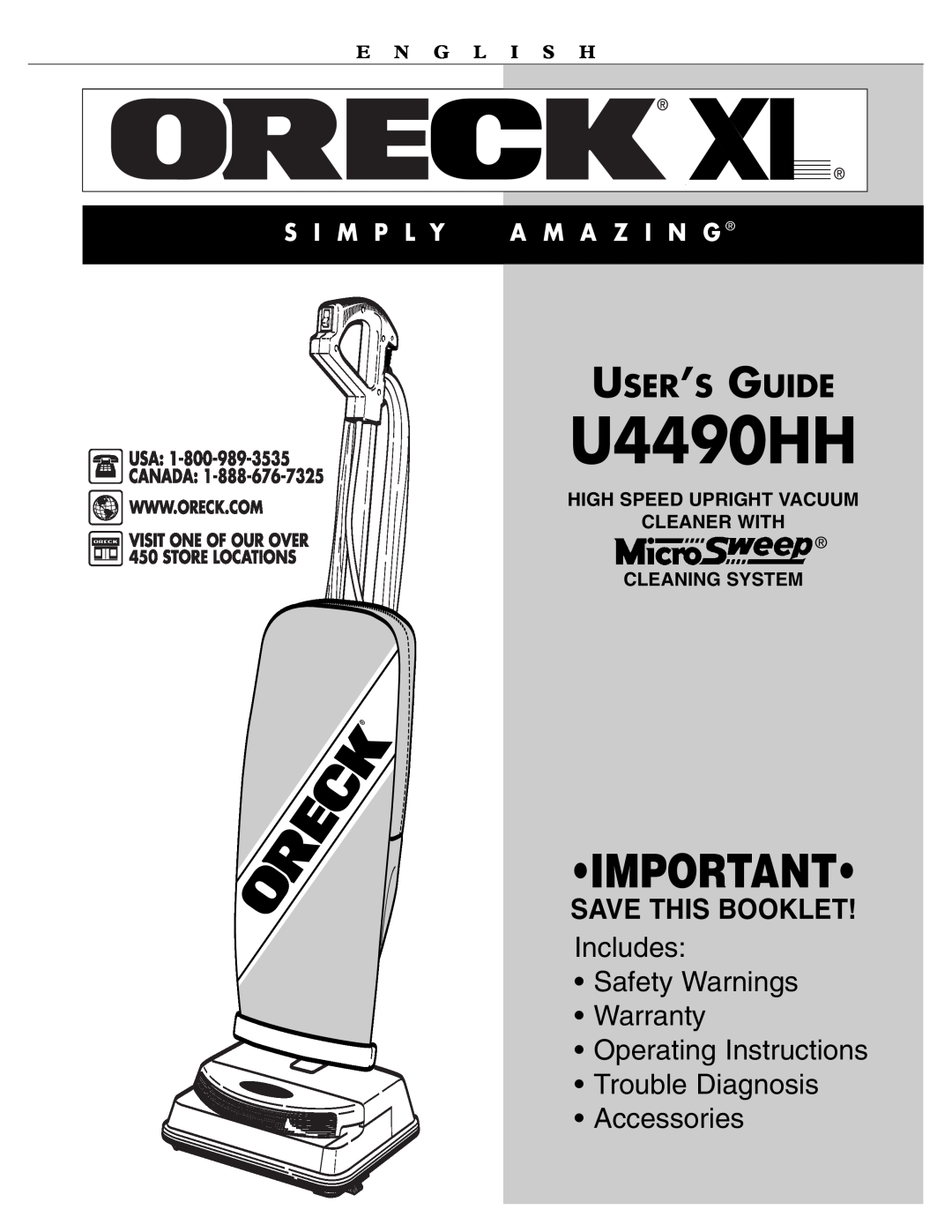 Oreck U4490HH warranty Save This Booklet, High Speed Upright Vacuum Cleaner With, Cleaning System, User’S Guide 
