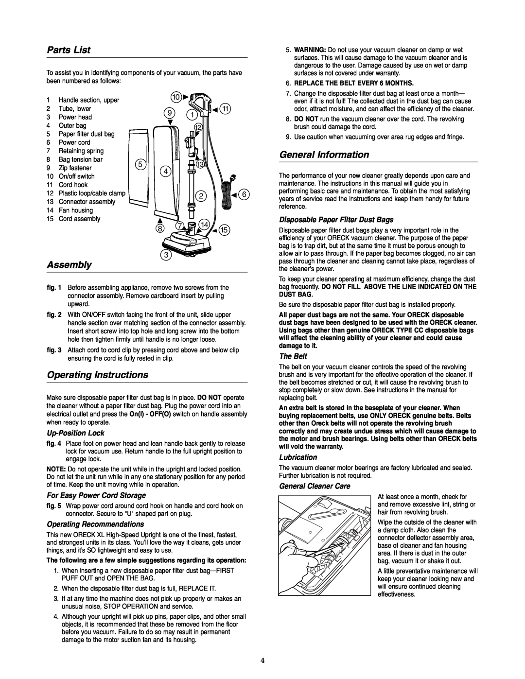 Oreck U4490HH Parts List, Assembly, Operating Instructions, General Information, Up-PositionLock, The Belt, Lubrication 