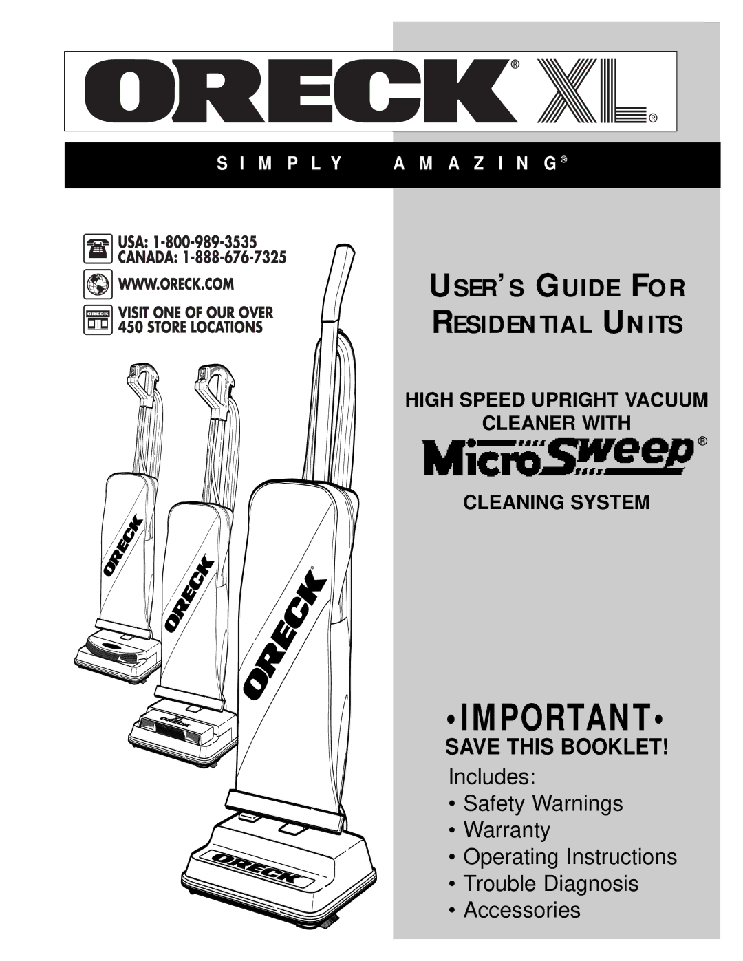 Oreck Upright Bag Vacuum Cleaner warranty USER’S Guide for Residential Units 