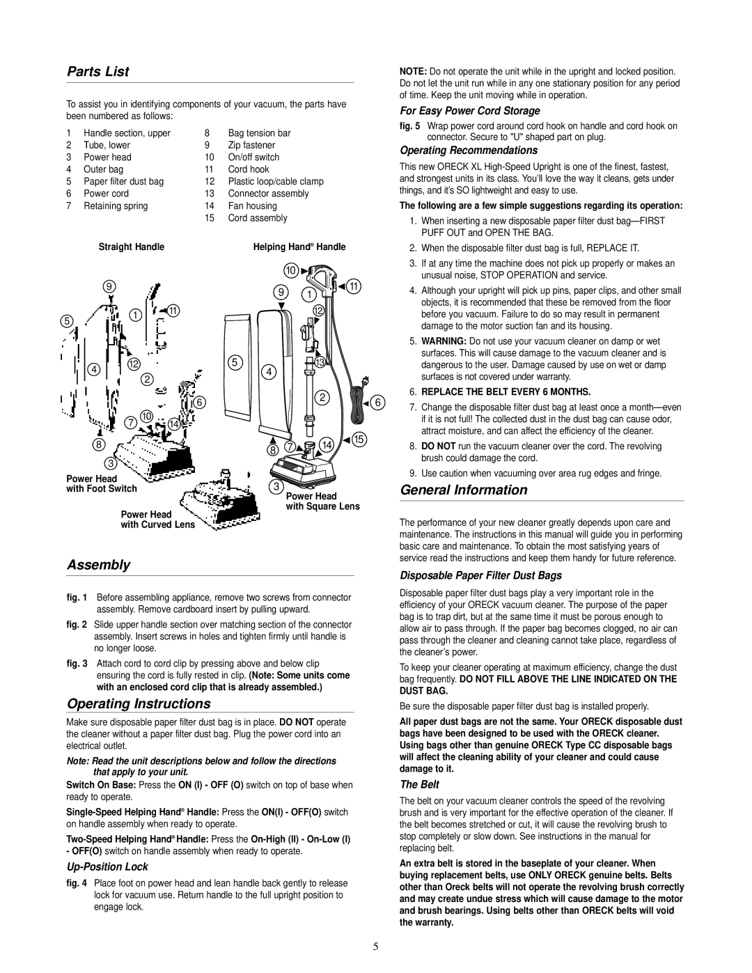 Oreck Upright Bag Vacuum Cleaner warranty Parts List, General Information, Assembly, Operating Instructions 