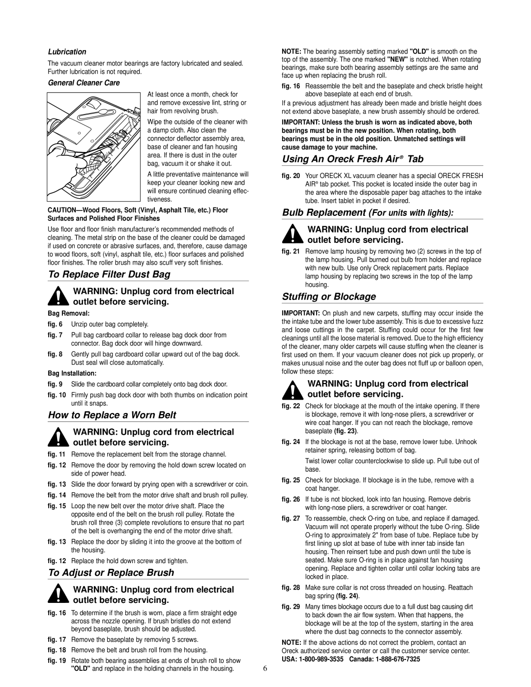 Oreck Upright Bag Vacuum Cleaner To Replace Filter Dust Bag, How to Replace a Worn Belt, To Adjust or Replace Brush 