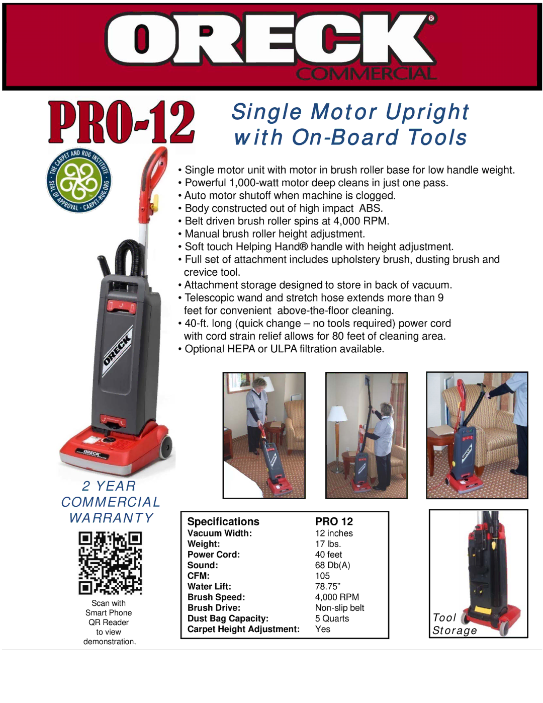 Oreck UPRO12T warranty Single Motor Upright with On-Board Tools, Specifications PRO 