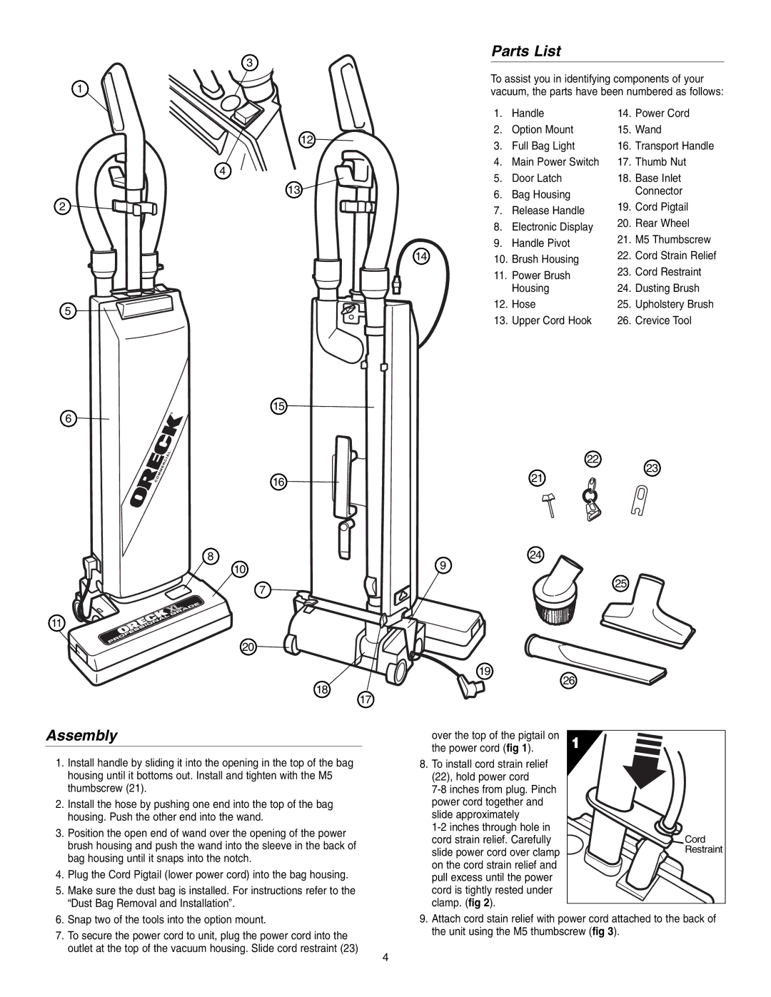 Oreck UPRO14T warranty Parts List, Assembly 