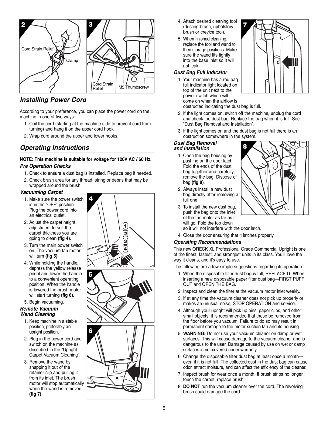 Oreck UPRO14T warranty Installing Power Cord, Operating Instructions 