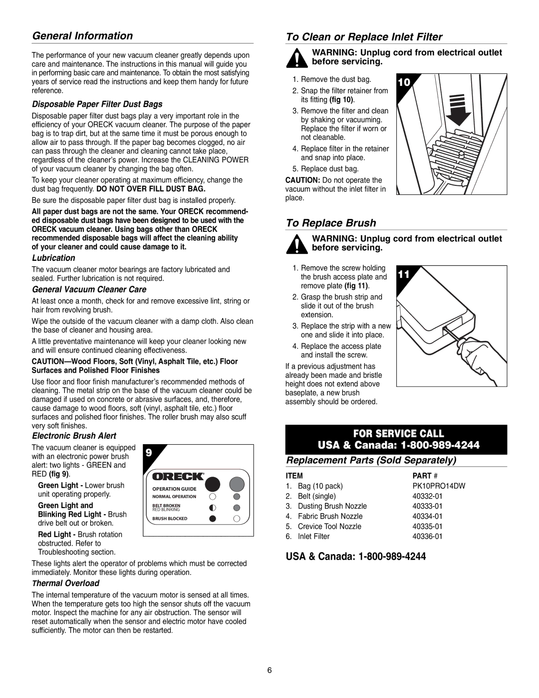 Oreck UPRO14T General Information, To Clean or Replace Inlet Filter, To Replace Brush, Replacement Parts Sold Separately 