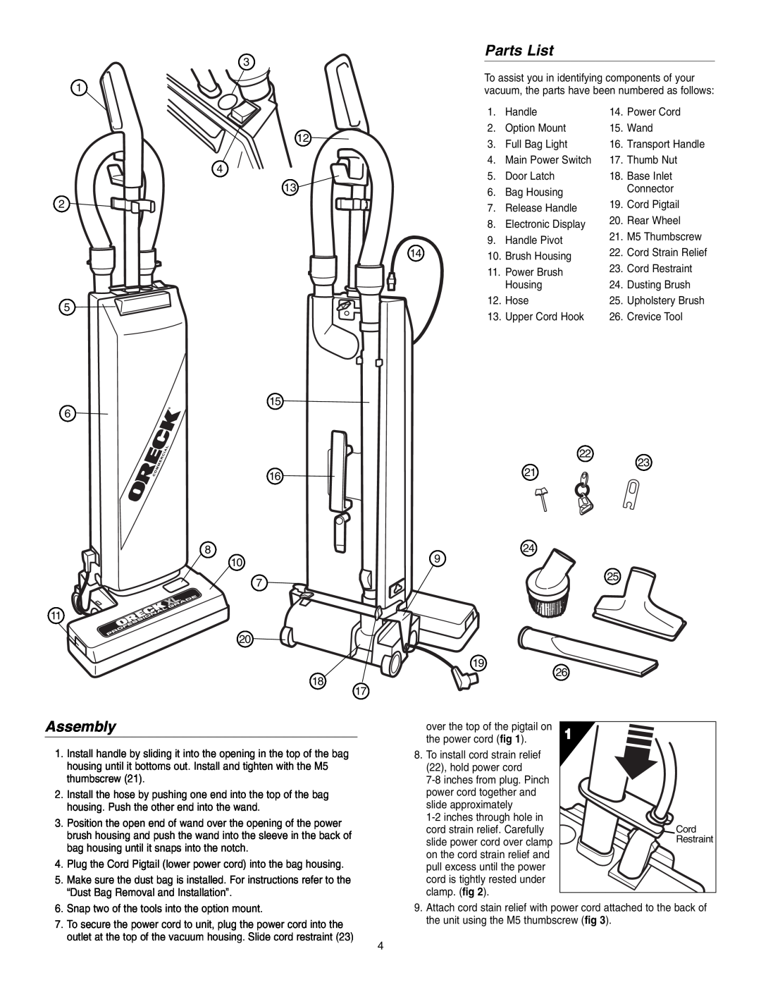 Oreck UPRO14T warranty Parts List, Assembly 