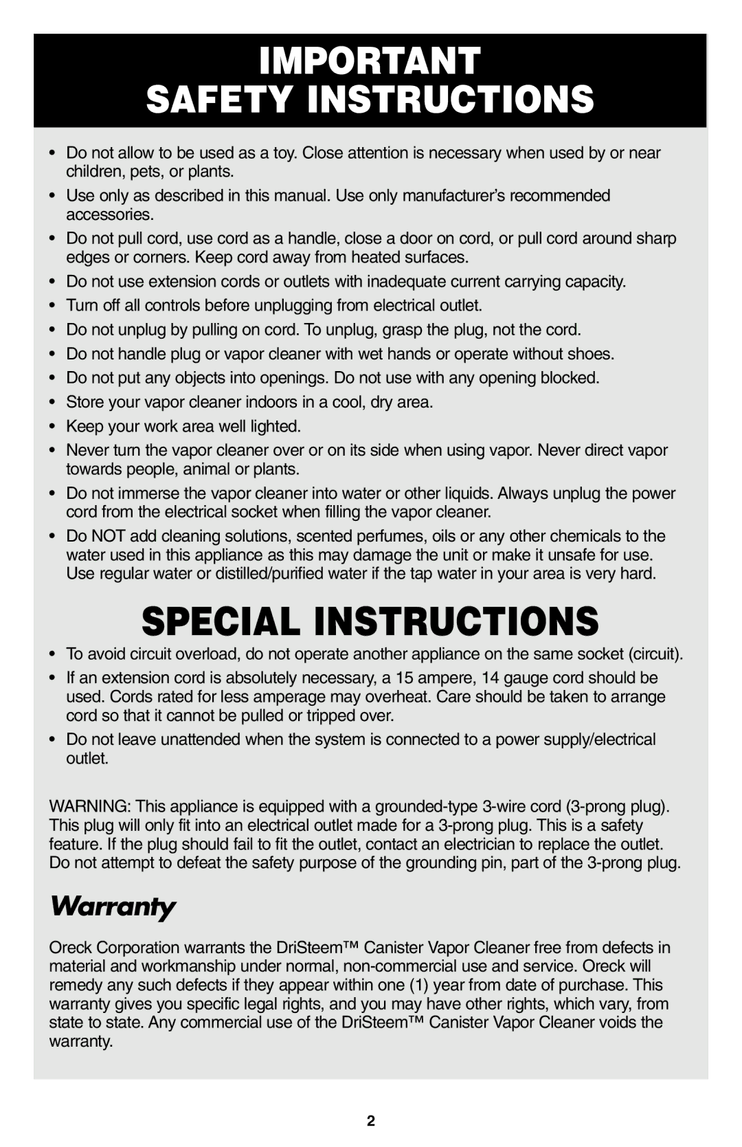 Oreck USER'S GUIDE warranty Special Instructions 