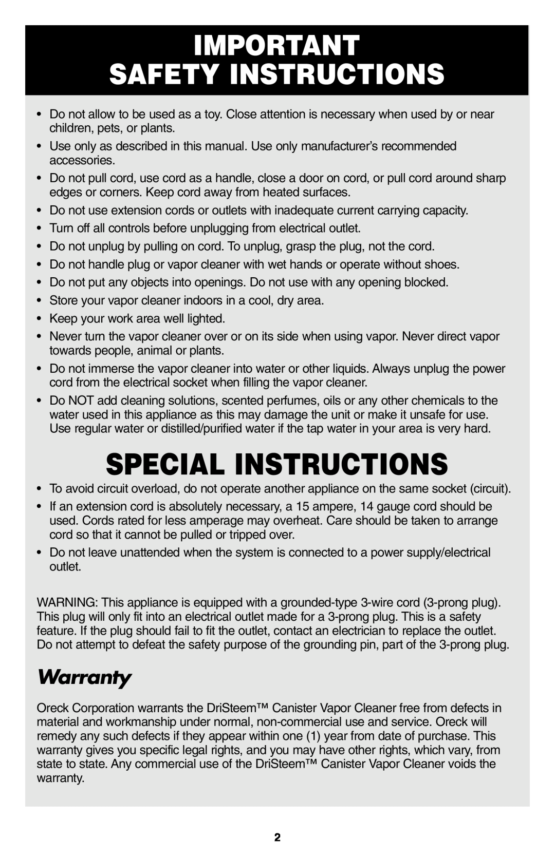 Oreck USER'S GUIDE warranty Special Instructions, Safety Instructions, Warranty 