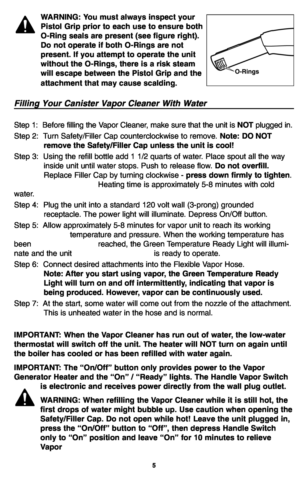 Oreck USER'S GUIDE warranty Filling Your Canister Vapor Cleaner With Water 