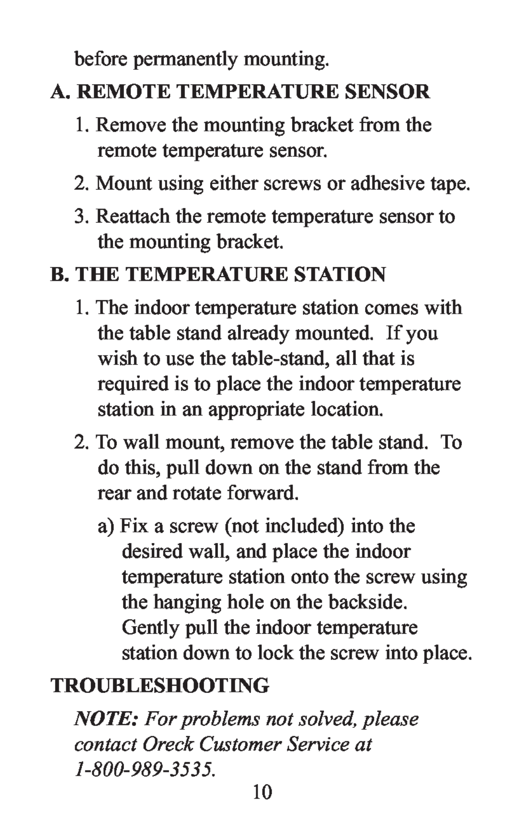Oreck WS-7013U instruction manual A. Remote Temperature Sensor, B. The Temperature Station, Troubleshooting 