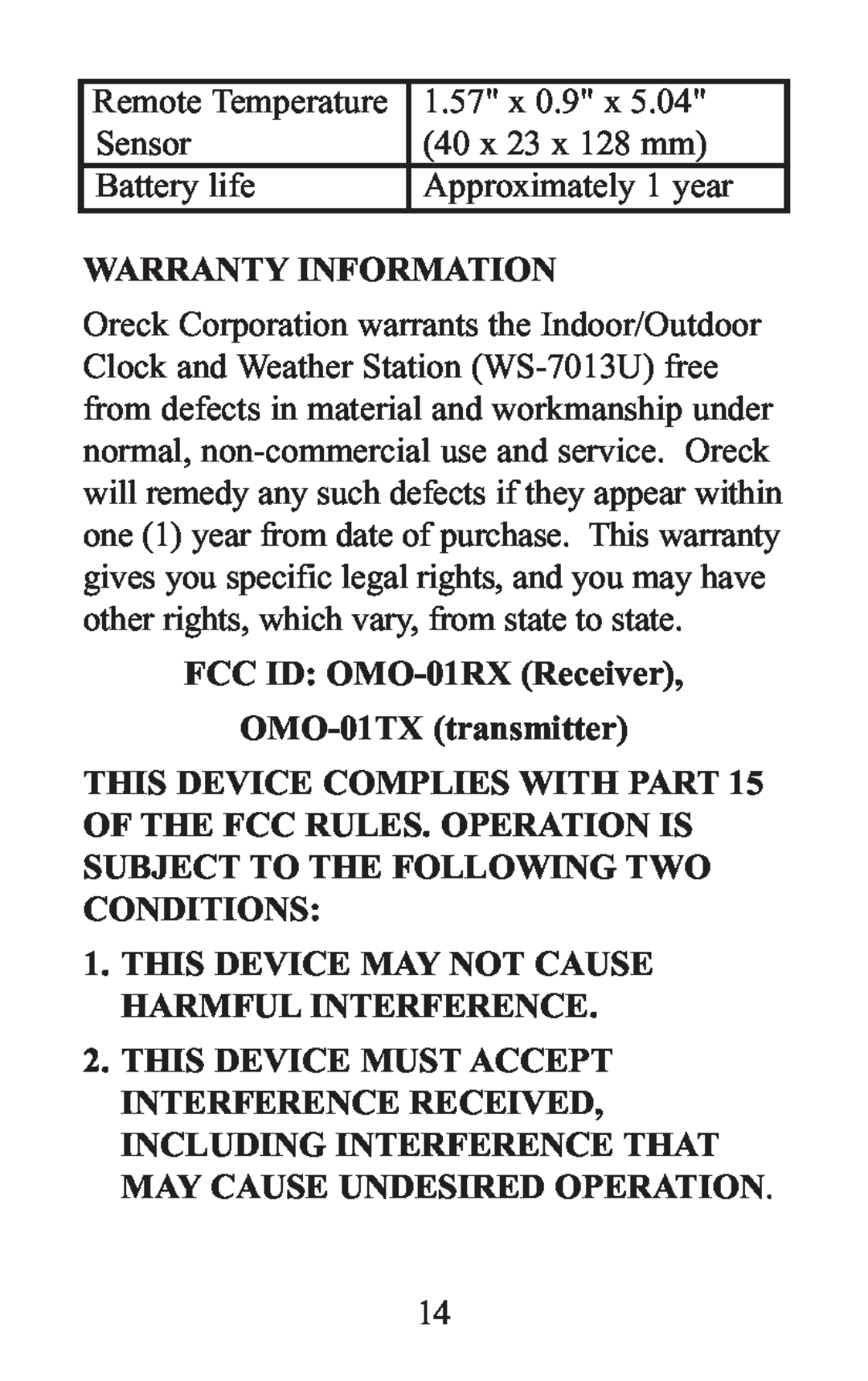Oreck WS-7013U instruction manual Warranty Information, FCC ID OMO-01RX Receiver OMO-01TX transmitter 