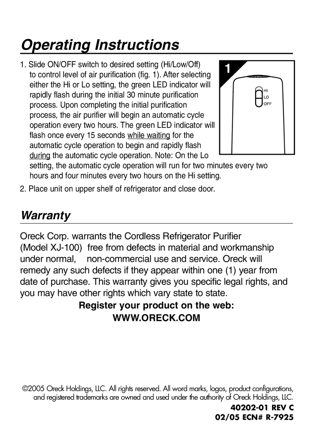 Oreck XJ-100 warranty Operating Instructions, Warranty 