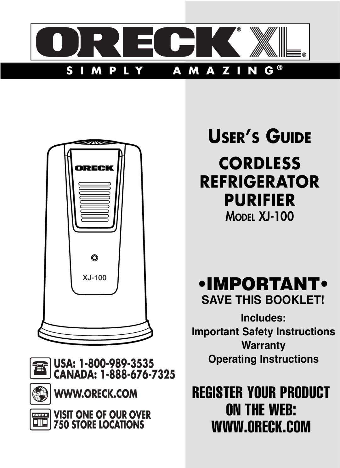 Oreck XJ-100 warranty Cordless Refrigerator Purifier 