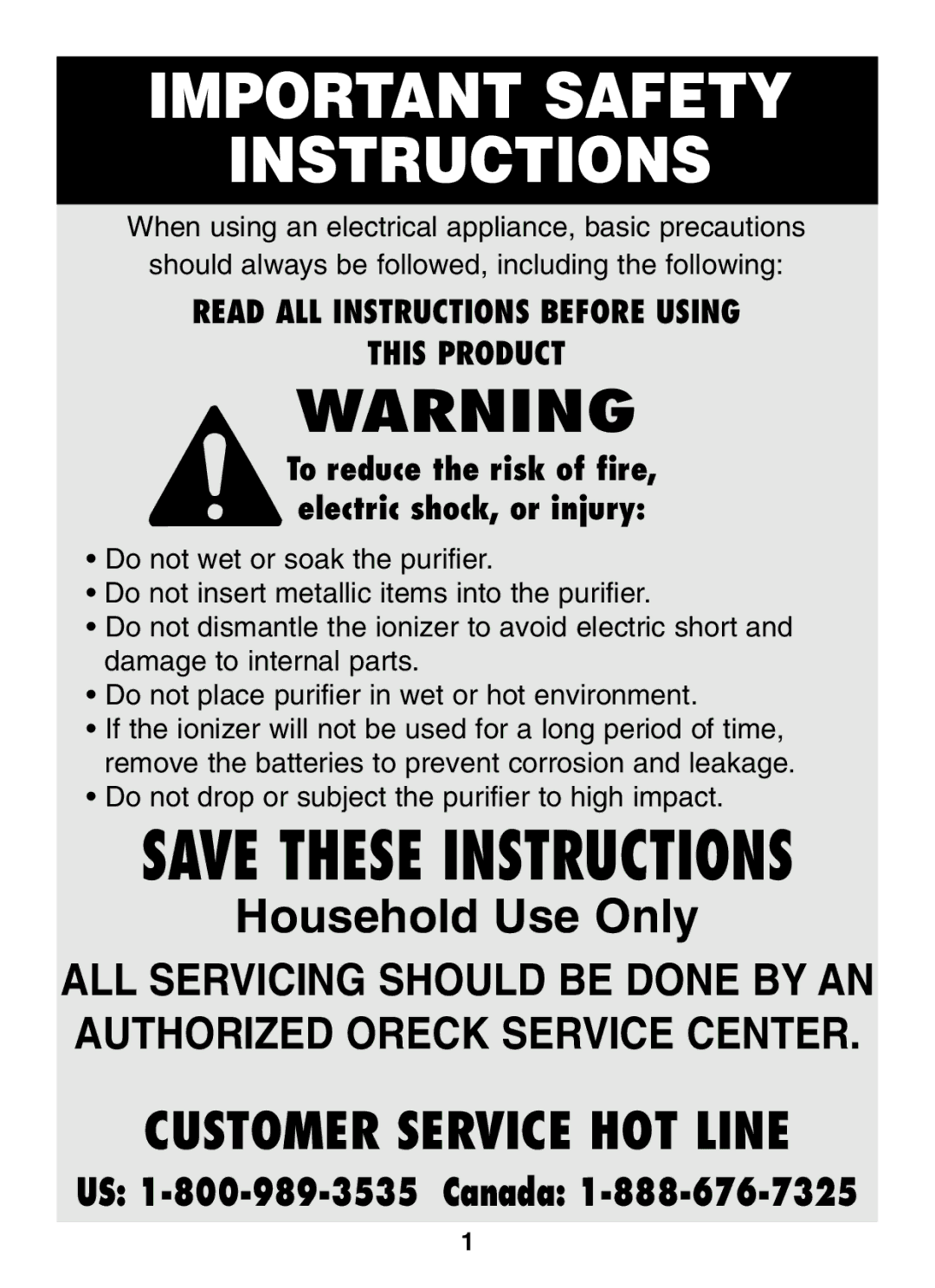 Oreck XJ-100 warranty Important Safety Instructions 