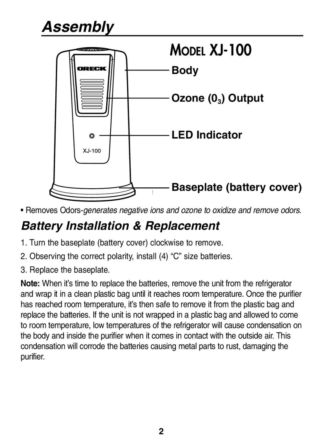 Oreck XJ-100 warranty Assembly, Battery Installation & Replacement 