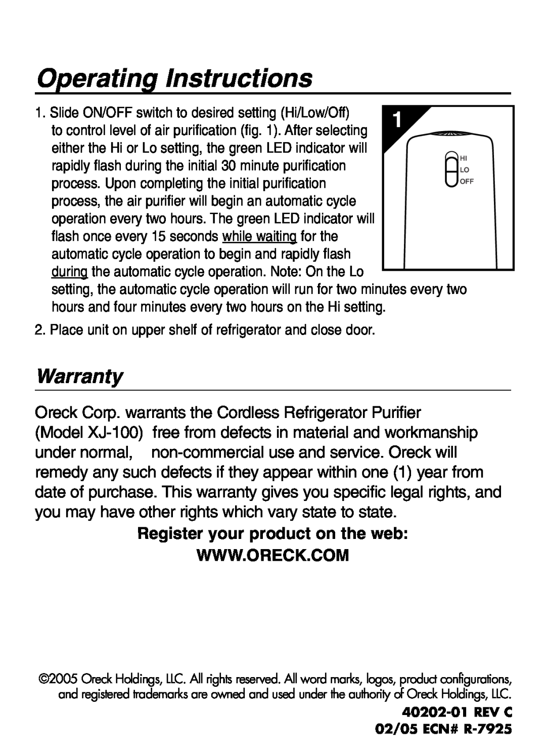 Oreck XJ-100 warranty Operating Instructions, Warranty 