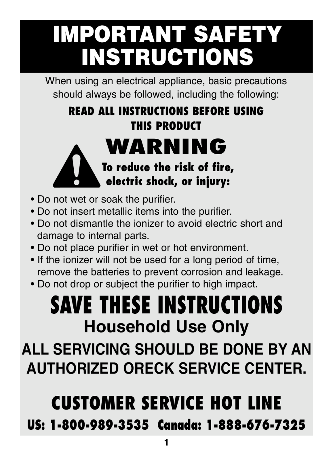 Oreck XJ-100 Customer Service Hot Line, Read All Instructions Before Using This Product, Important Safety Instructions 