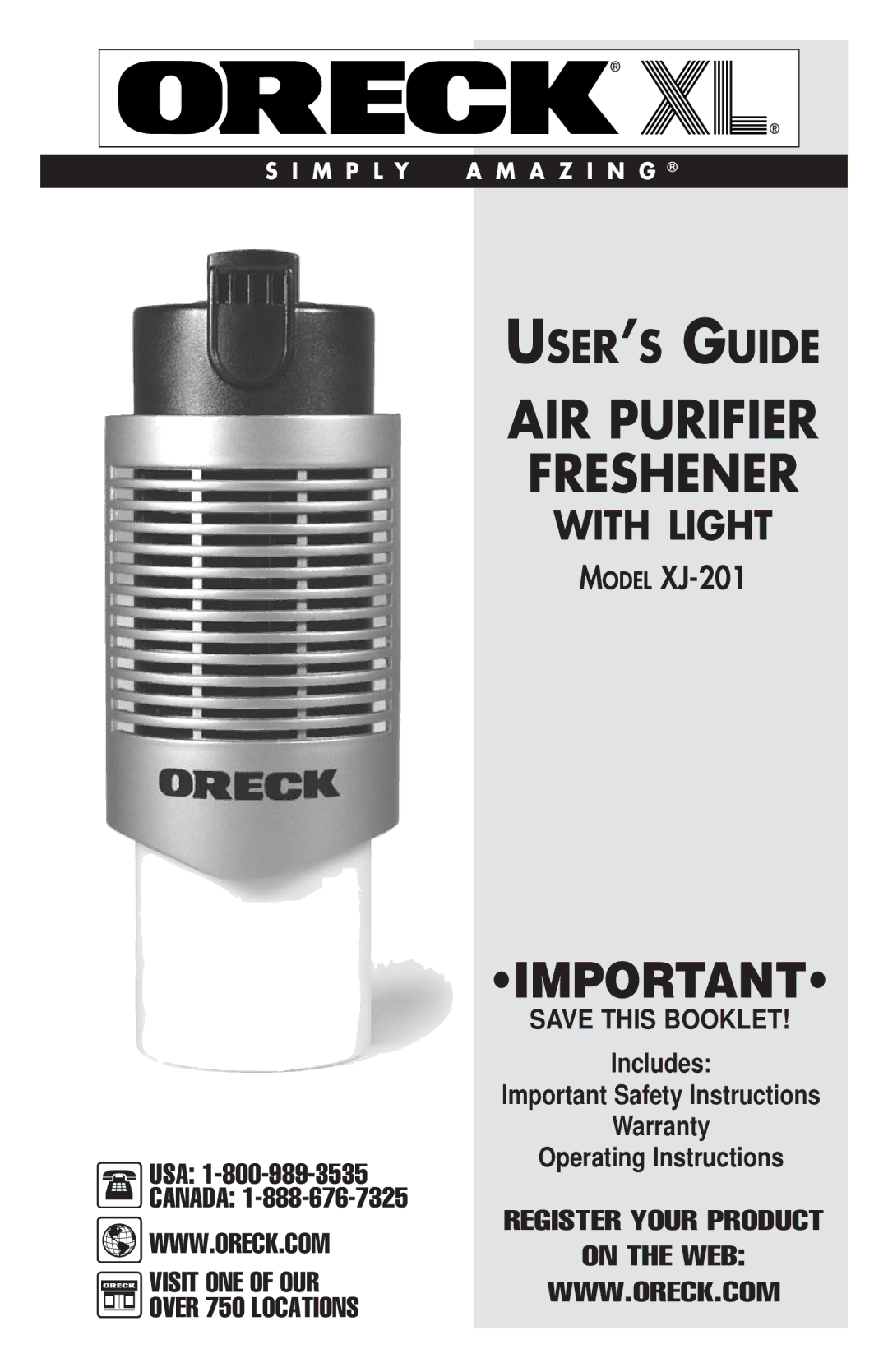 Oreck XJ-201 important safety instructions AIR Purifier Freshener 