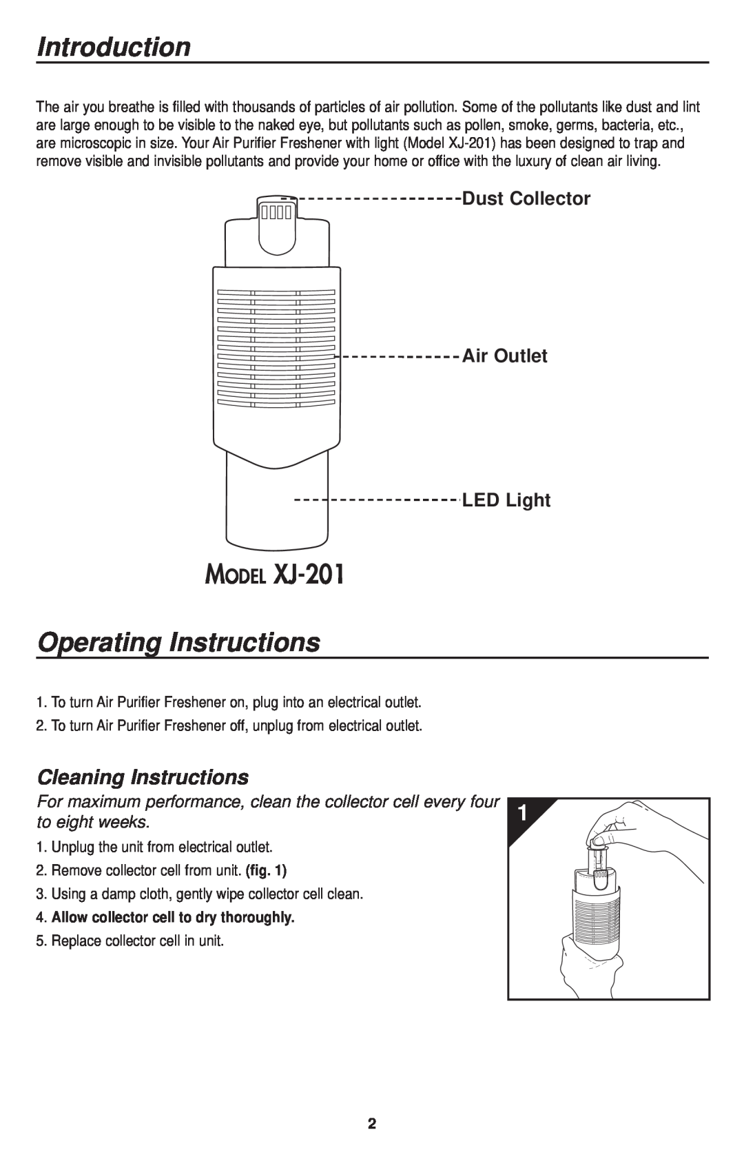 Oreck Introduction, Operating Instructions, MODEL XJ-201, Cleaning Instructions, Dust Collector Air Outlet LED Light 