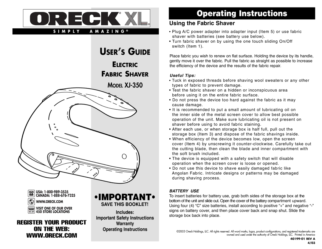 Oreck XJ-350 operating instructions Operating Instructions, USER’S Guide 