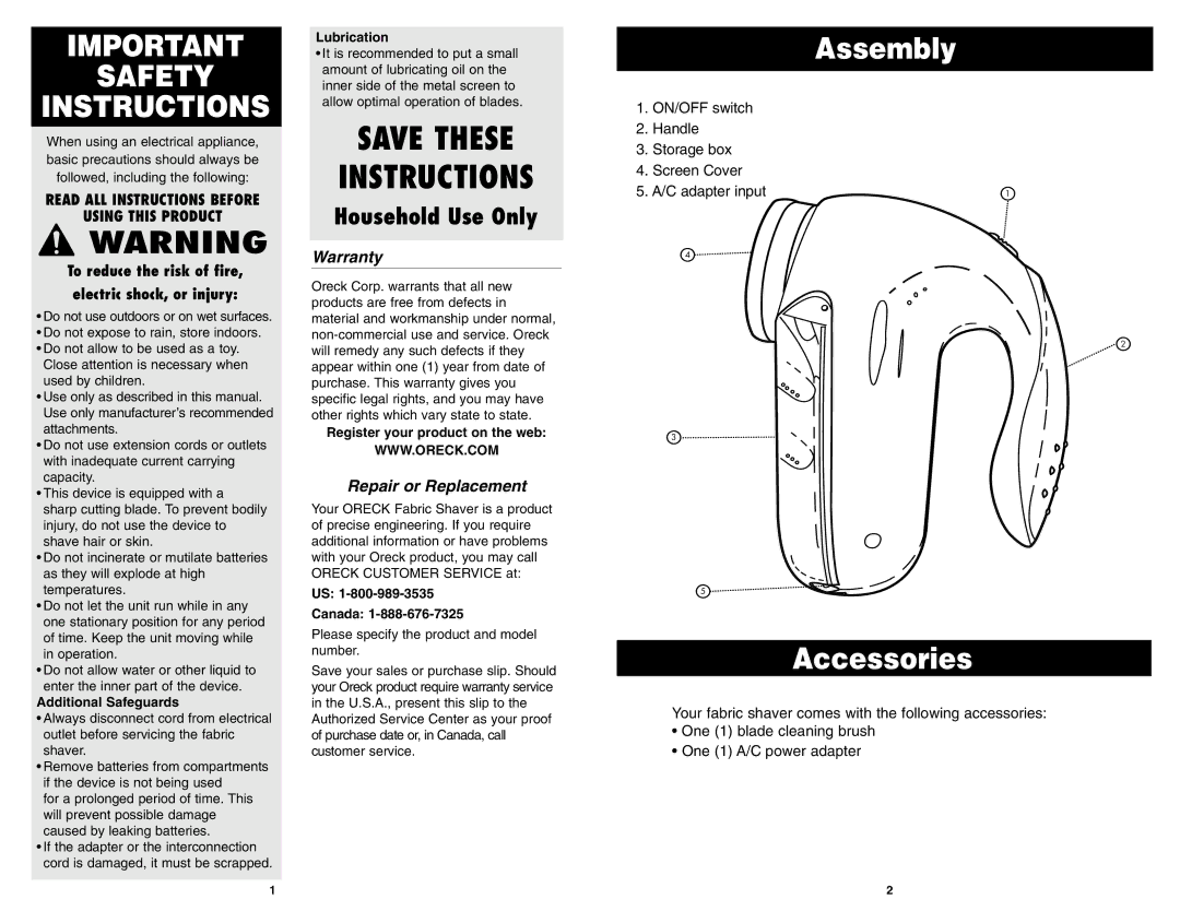 Oreck XJ-350 operating instructions Assembly, Accessories, Warranty, Repair or Replacement 