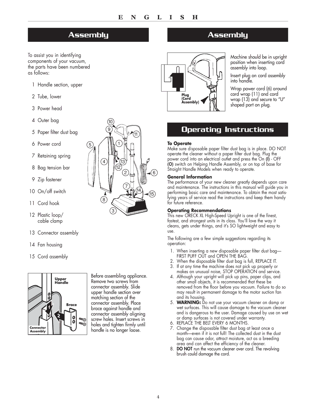 Oreck XL2000HH warranty Operating Instructions, To Operate, General Information, Operating Recommendations 