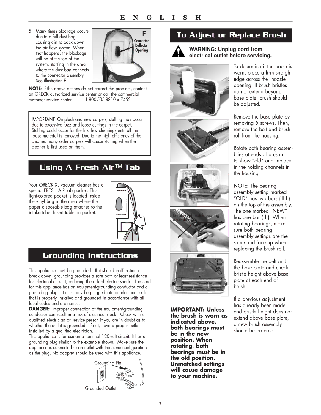 Oreck XL2000HH warranty To Adjust or Replace Brush, Using a Fresh Air Tab, Grounding Instructions 