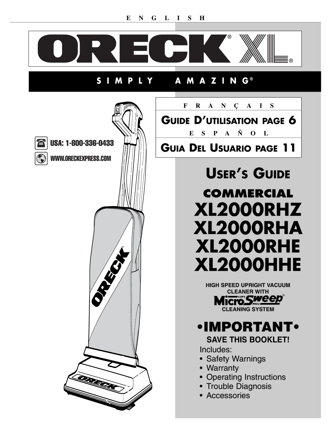 Oreck warranty XL2000RHZ XL2000RHA XL2000RHE XL2000HHE 