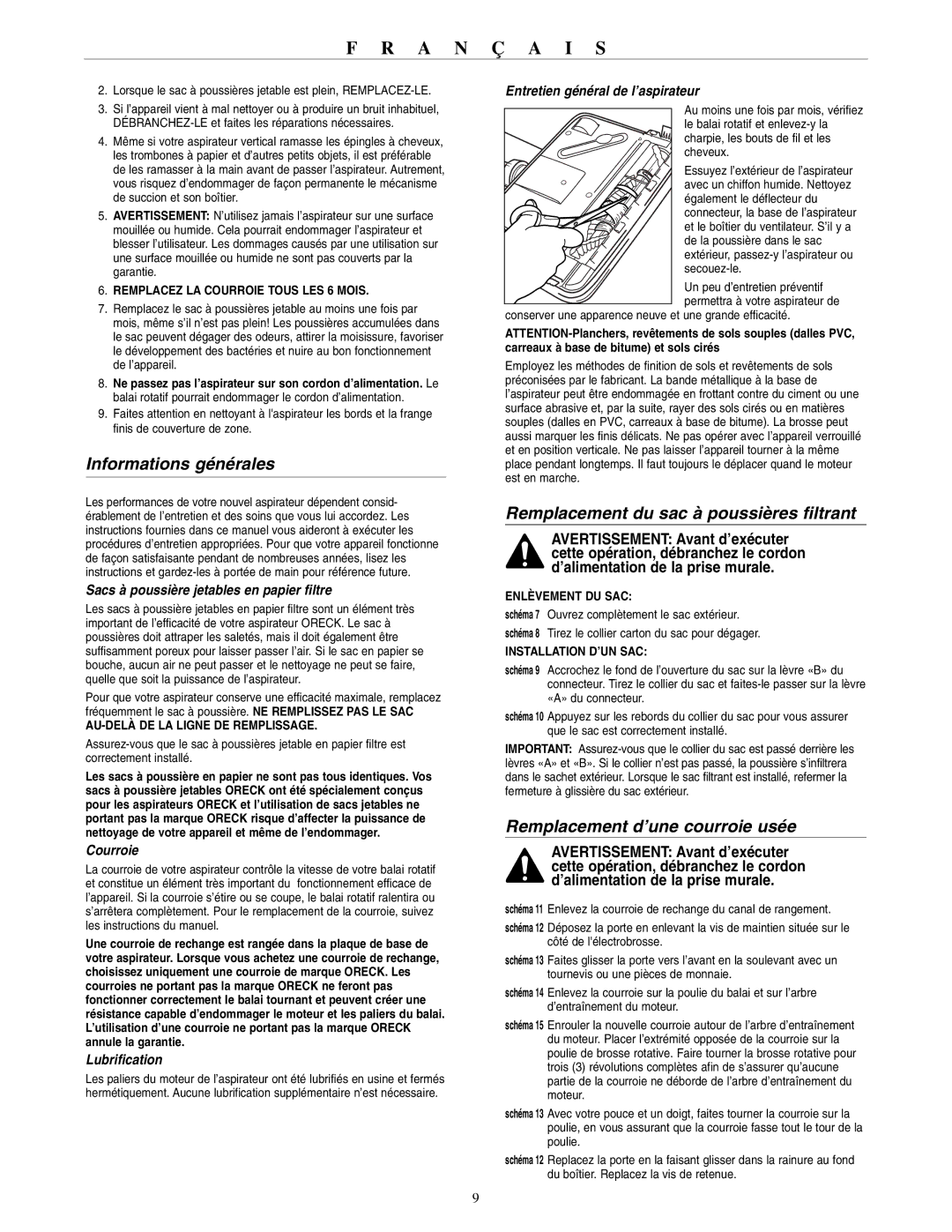 Oreck XL2000RHE Informations générales, Remplacement du sac à poussières filtrant, Remplacement d’une courroie usée 