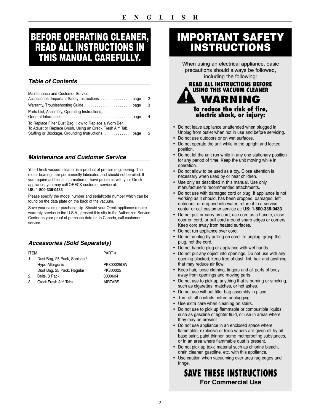 Oreck XL2000RHA, XL2000RHZ, XL2000HHE Table of Contents, Maintenance and Customer Service, Accessories Sold Separately 