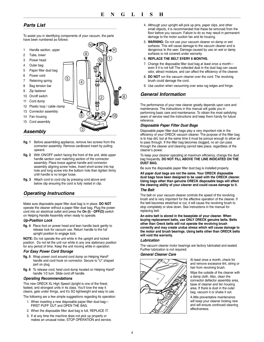 Oreck XL2000HHE, XL2000RHZ, XL2000RHE, XL2000RHA warranty Parts List, Assembly3, Operating Instructions, General Information 