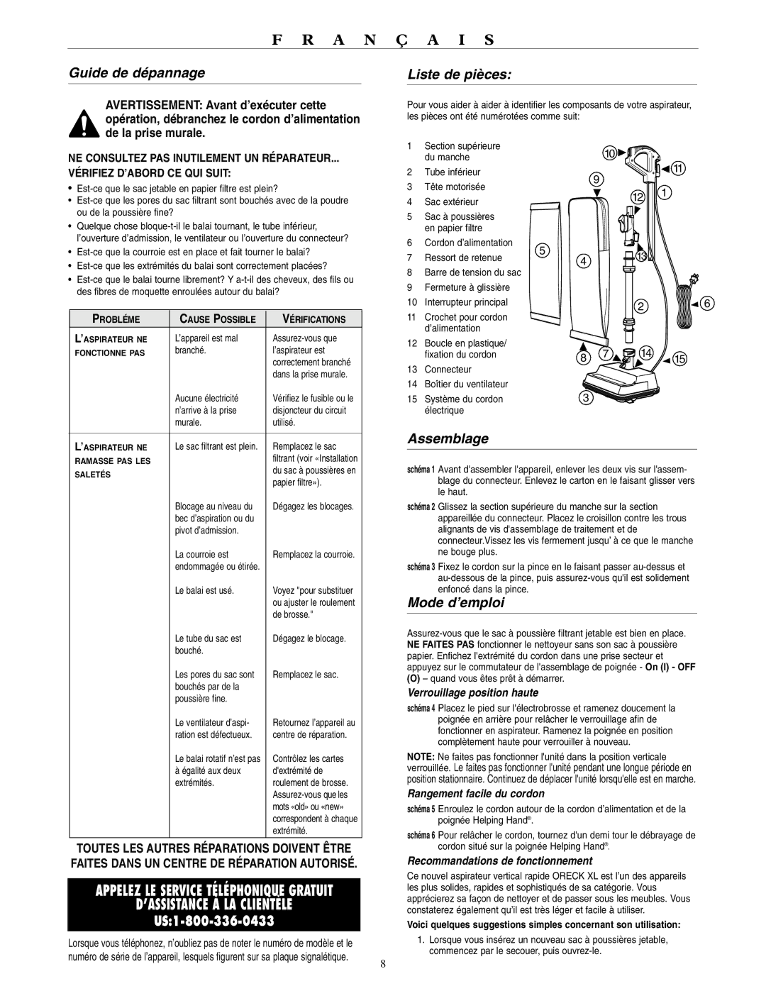 Oreck XL2000HHE, XL2000RHZ, XL2000RHE, XL2000RHA warranty Guide de dépannage, Liste de pièces, Assemblage, Mode d’emploi 